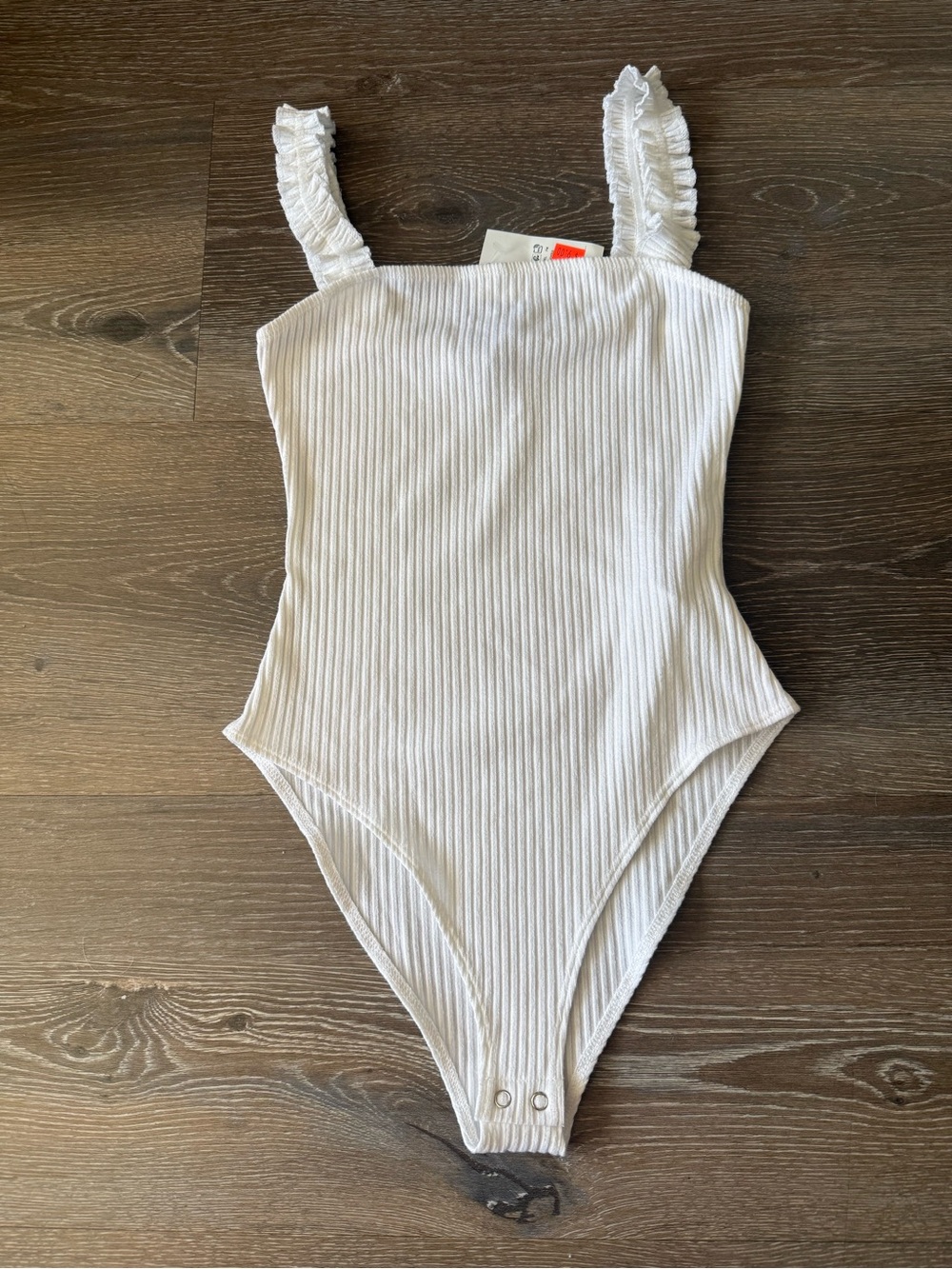 Forever 21 White Ribbed Ruffle-Strap Bodysuit